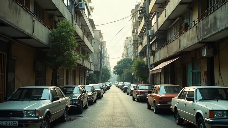 A narrow street in an older dense low-rise district with cars parked tight along the kerb