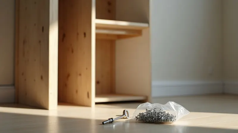 A dismantled bed frame and wardrobe panels against a wall with tools and a labelled bag of screws