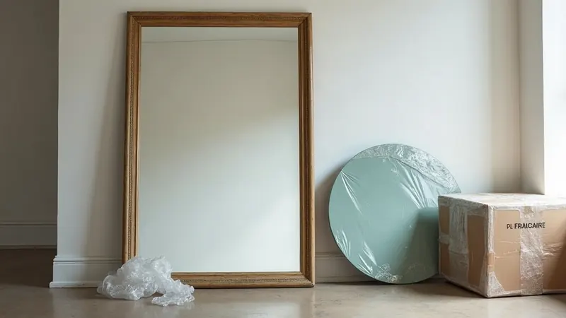 A framed mirror and a round glass table top wrapped in bubble wrap with foam corner protectors, standing on edge