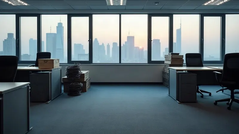 An empty office floor mid-relocation with lidded crates, dismantled desk frames and stacked chairs
