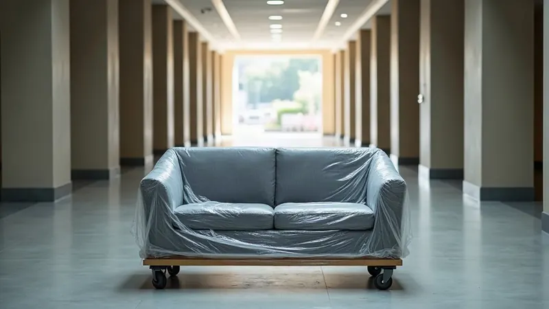 A single sofa wrapped in protective film standing upright on a furniture trolley in a bare lobby