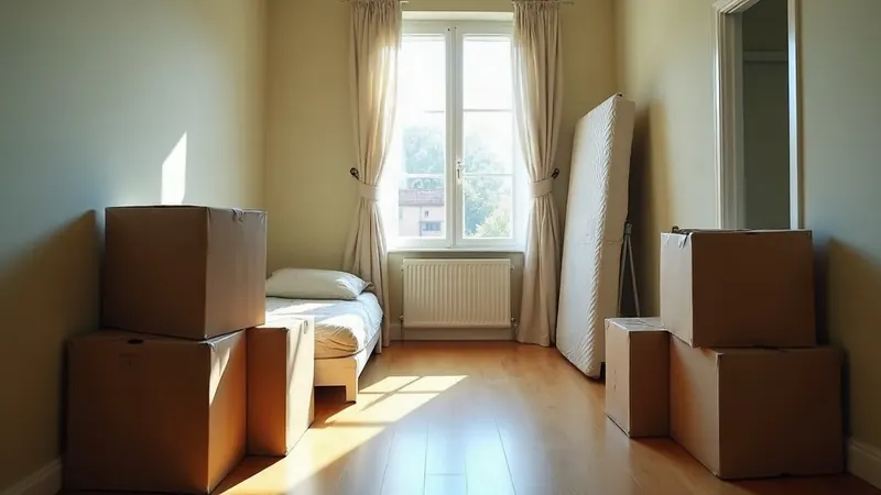 A nearly emptied studio apartment with a few sealed boxes, a rolled mattress and a folded clothes rail by the door