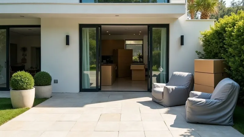 Sealed moving boxes and two armchairs wrapped in protective blankets staged on a villa driveway beside open patio doors